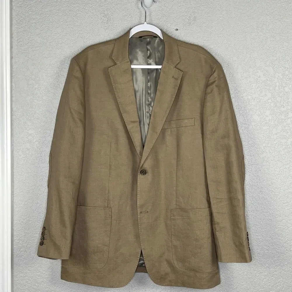 Tasso Elba Island Mens XL 45-47 Linen Sport Coat Elbow Patches Beige Tan